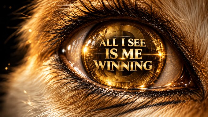 A close-up of an animal's eye reflecting golden light with the text 'ALL I SEE IS ME WINNING' overlaid, alongside a Bitcoin symbol.
