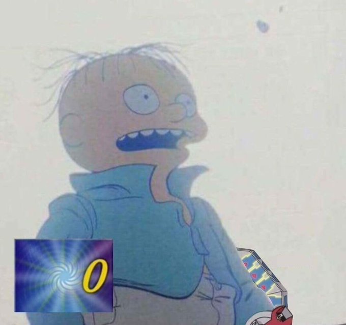 A shocked, wide-eyed animated character with messy hair and an open mouth holds a box of energy drinks, with a purple spiral graphic displaying a yellow "0" in the corner—visually depicting the "shambles" and shock of receiving a zero rating, tying into the post's jab at Bitfinex'ed.