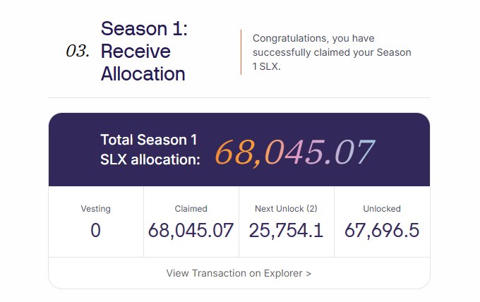 A digital interface showing 'Season 1: 03. Receive Allocation' with the message 'Congratulations, you have successfully claimed your Season 1 SLX' and a total allocation of '68,045.07'.