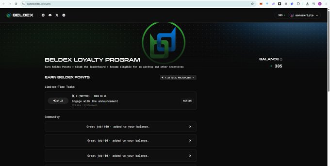 A screenshot of the 'BELDEX LOYALTY PROGRAM' dashboard showing a balance of 305 points and options to earn points through community engagement like retweets and joining Telegram.