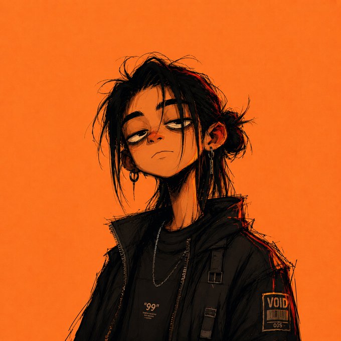 A digital illustration of a brooding, edgy character with dark messy hair and a punk aesthetic stands against a bold orange background, wearing a black jacket featuring a "VOID" patch and the number "99," perfectly capturing the rebellious, onchain-anarchist vibe of the post about the "outkst" revolution.