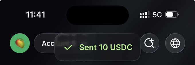 An iPhone screenshot displays a push notification reading "Sent 10 USDC," alongside a green profile icon, search, and globe icons, with the status bar showing 11:41, full 5G signal, and a full battery. The accompanying post celebrates a 10 USDC prize giveaway to active community members, directly matching the notification as proof of payment sent to the winner.