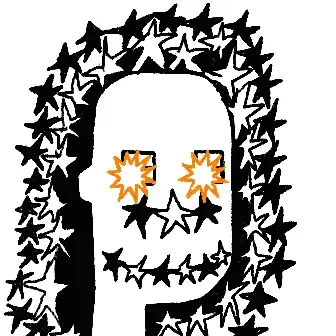 A stylized black and white graphic illustration of a face framed by hair composed entirely of star shapes, with two orange star-burst shapes for eyes.