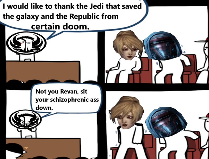 The image shows a comic strip with two panels featuring characters from Star Wars, specifically the character JEDI. The first panel depicts JEDI sitting down while the second panel shows him standing up. In both panels, there are descriptions of JEDI's actions and words that include phrases such as "not you Revan" and "schnizophrenic ass". These descriptions create a humorous and lighthearted atmosphere in the comic strip.