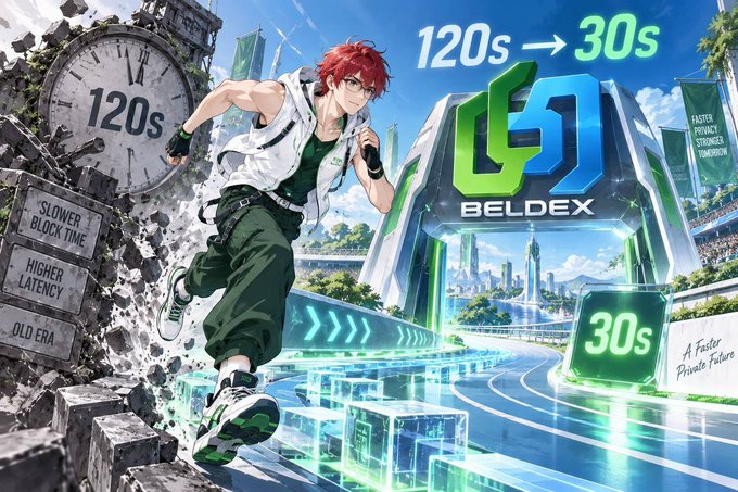 An anime-style promotional image displays a red-haired character running alongside text reading "120s → 30s" and the "BELDEX" cryptocurrency logo, with signs mentioning "SLOWER BLOCK TIME" and "HIGHER LATENCY".