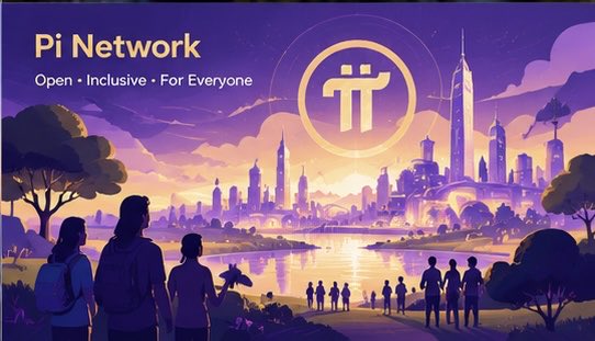 An illustrated promotional banner for 'Pi Network' with the tagline 'Open • Inclusive • For Everyone' shows silhouettes of people looking toward a futuristic, brightly lit city skyline.