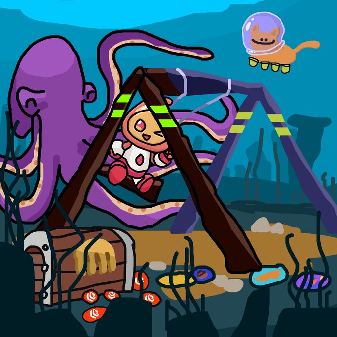 The image features a cartoon scene with an octopus, a cat, and a swing set. The octopus has its tentacles raised high above the ground, while the cat sits on top of the swing set. A treasure chest can be seen nearby, adding to the overall theme of adventure and exploration in this whimsical underwater world.