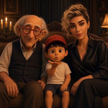 A stylized illustration shows an elderly man in glasses, a young boy in a red cap, and a woman with styled hair sitting together on a couch in a warmly lit room.