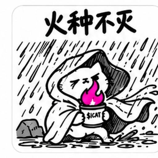A black and white cartoon illustration of a cat-like character holding a cup with a flame inside, with Chinese text '火种不灭' (The fire never dies) and '$ICAT' written on the cup.