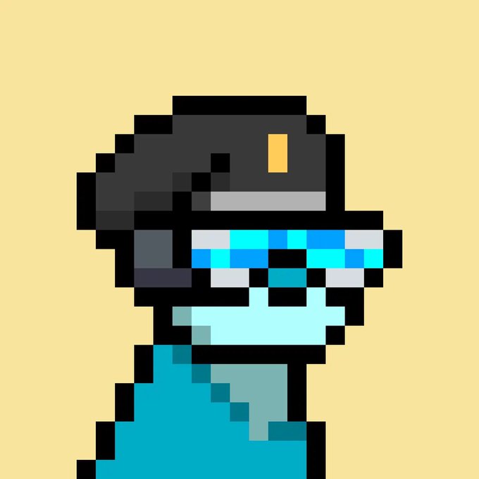 A pixel art character with a black helmet and blue body stands against a yellow background, visually representing the retro-style NFT art that aligns with the post's appreciation for digital collectibles.
