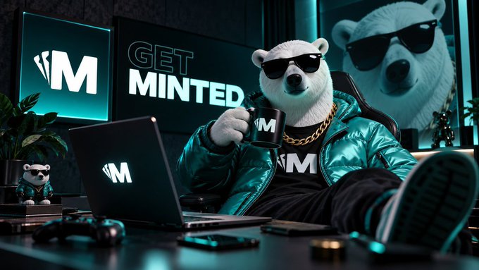 A 3D-rendered polar bear wearing sunglasses and a green jacket sits at a desk with a laptop and mug branded with an 'M' logo, under a 'GET MINTED' sign.