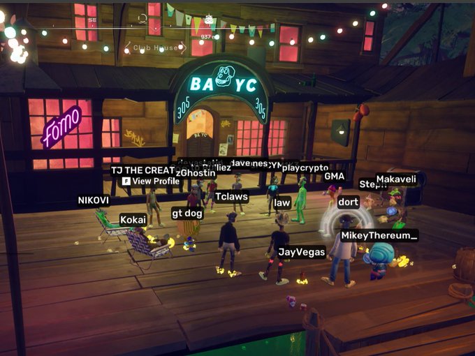 A screenshot from a virtual social platform showing avatars gathered in front of a building labeled 'BABYC' and 'Clubhouse' at a 'HAVANA NIGHTS PLAYCRYPTO' event, with usernames like 'NIKOVI', 'Kokai', 'gt dog', 'Tclaws', 'law', 'dort', 'GMA', 'Makaveli', 'JayVegas', and 'MikeyThereum' visible.