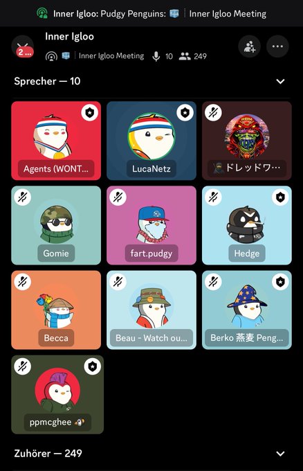 The image shows a Twitter Spaces audio room called "Inner Igloo" hosted by "Inner Igloo Meeting" with 10 speakers (including Agents, LucaNetz, Gomie, fart.pudgy, Hedge, Becca, Beau, Berko, and ppmcghee) and 249 listeners. The Pudgy Penguins-themed space features various penguin avatars, tying into the post's message that LucaNetz is sharing valuable crypto/NFT insights ("alpha") in this live discussion that followers should tune into.