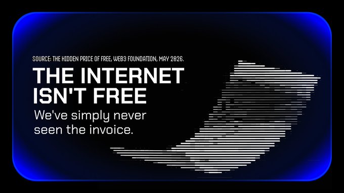 Quote card reading 'THE INTERNET ISN'T FREE - We've simply never seen the invoice' sourced from 'THE HIDDEN PRICE OF FREE, WEB3 FOUNDATION, MAY 2026.'