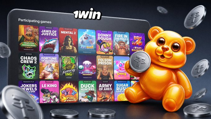 A promotional graphic shows a tablet displaying a grid of various slot games, the word '1win' at the top, and a golden gummy bear holding a coin in the foreground.