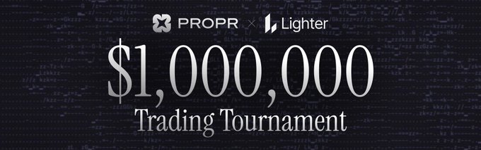 A dark banner promoting a 'PROPR x Lighter $1,000,000 Trading Tournament' overlaid on a background of faint financial market numbers.