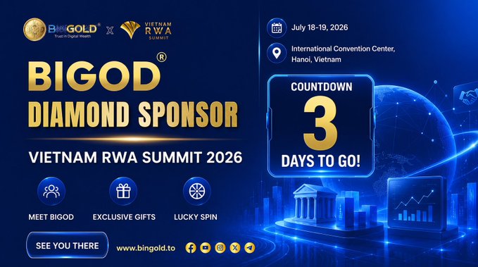 A promotional graphic announcing 'BIGOD' as the Diamond Sponsor of the Vietnam RWA Summit 2026, dated July 18-19, 2026 in Hanoi, Vietnam, with a '3 DAYS TO GO!' countdown and branding for bingold.to.