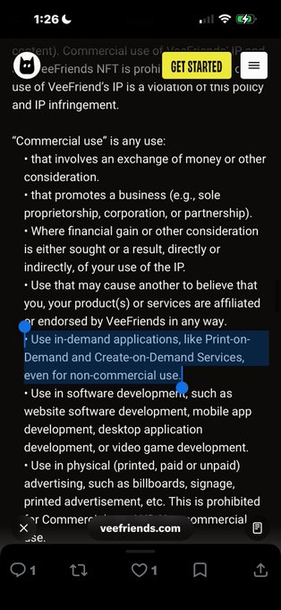 A mobile screenshot displaying text about 'VeeFriends NFT' commercial use policy, with the highlighted section 'Use in on-demand applications, like Print-on-Demand and Create-on-Demand Services, even for non-commercial use'.