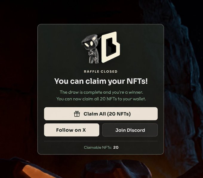 An NFT raffle notification states 'RAFFLE CLOSED - You can claim your NFTs!' with a 'Claim All (20 NFTs)' button and links to follow on X or join Discord.