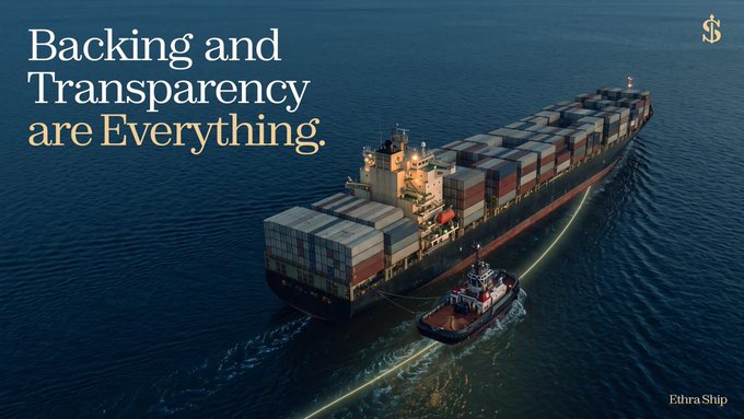 A promotional graphic for 'Ethra Ship' showing an aerial view of a large container ship being escorted by a tugboat on dark waters, accompanied by the tagline 'Backing and Transparency are Everything.'