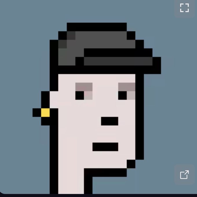 A simple pixel art portrait of a person with black hair, pale skin, and a yellow earring against a solid gray background.