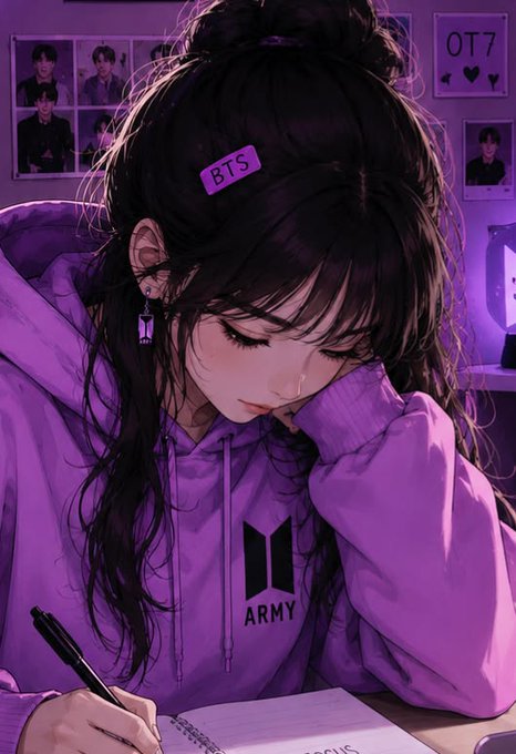An anime-style illustration shows a girl with dark hair wearing a purple BTS ARMY hoodie, writing in a notebook with 'OT7' visible in the background.