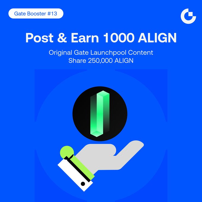A blue Gate Booster #13 promotional graphic announcing a Post & Earn campaign with a 250,000 ALIGN prize pool, featuring an illustration of a hand holding a green ALIGN crystal token. The image visually reinforces the post's call-to-action, inviting users to complete a post task for a chance to earn up to 1,000 $ALIGN.