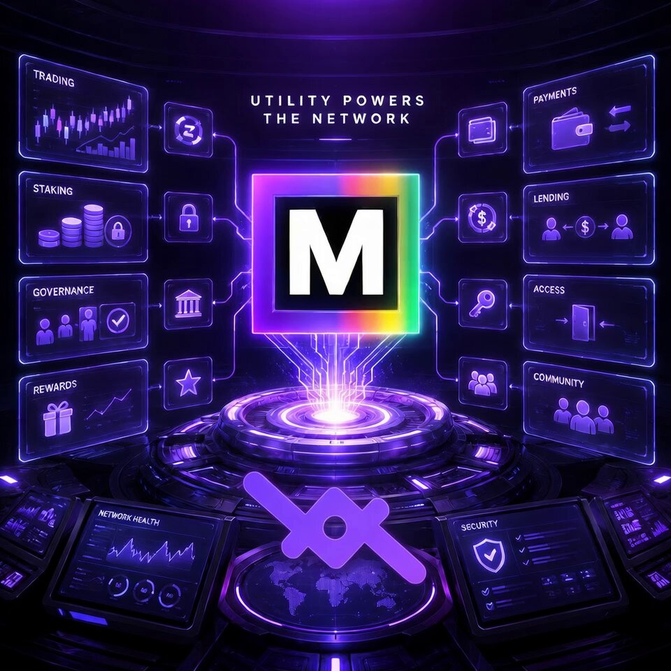 The image features a purple background with various icons representing different aspects of cryptocurrency trading or lending platforms, such as loans, interest rates, and APR. The main focus is a square-shaped icon that reads "M" surrounded by a rainbow gradient effect. Below this, there are several other icons related to the lending platform, including a 4-year lock symbolizing a fixed interest rate for a four-year period.

The caption above the image provides some context about the content of the post: it explains what the M stands for and how it relates to the lending platforms featured in the image. The post also mentions that there is a 4-year lock, which could be an indication of a specific lending platform or feature related to loans with fixed interest rates over four years.