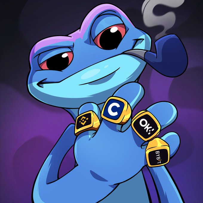 A cartoon illustration of a blue frog smoking a pipe and holding up its hand to display four large gold rings featuring crypto logos including BNB and tokens with 'C' and 'OKX' symbols.