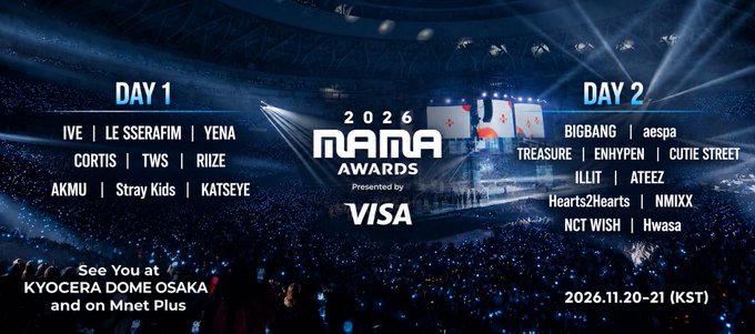 The image is a promotional graphic for the 2026 MAMA Awards, presented by VISA, taking place on November 20-21, 2026 (KST) at Kyocera Dome Osaka and streamed on Mnet Plus. It features the Mnet Asian Music Awards logo centered against a packed arena backdrop, with the Day 1 lineup (IVE, LE SSERAFIM, YENA, CORTIS, TWS, RIIZE, AKMU, Stray Kids, KATSEYE) on the left and the Day 2 lineup (BIGBANG, aespa, TREASURE, ENHYPEN, CUTIE STREET, ILLIT, ATEEZ, Hearts2Hearts, NMIXX, NCT WISH, Hwasa) on the right—serving as a final prediction reference for the awards ceremony's scheduled performers.