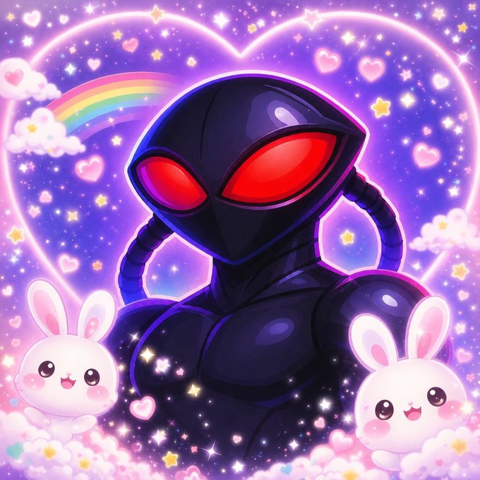 Kawaii-style digital artwork featuring a glossy black alien with glowing red eyes surrounded by a heart-shaped neon aura, sparkles, a rainbow, and two cute white bunnies.