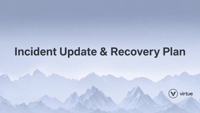 A presentation title slide reads 'Incident Update & Recovery Plan' against a backdrop of blue-grey mountains, featuring a 'virtue' logo in the corner.