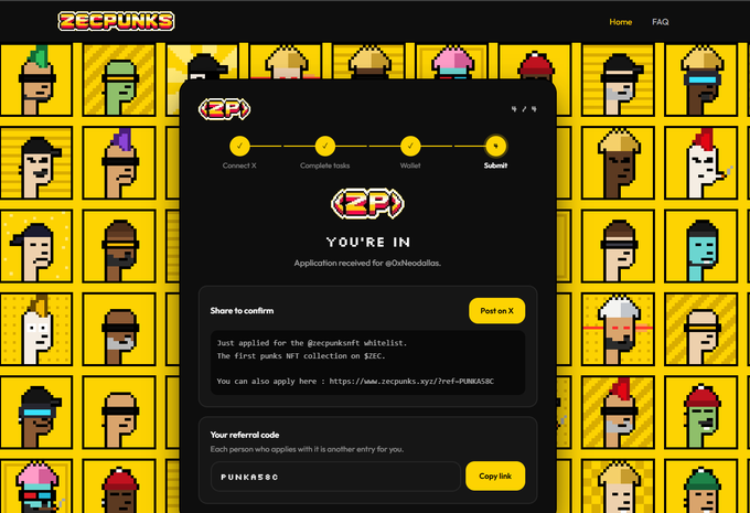 A pixel art NFT application interface for "ZECPUNKS" showing a success page with the message "YOU'RE IN" and a referral code "PUNK46SC" against a background grid of colorful punky character avatars.