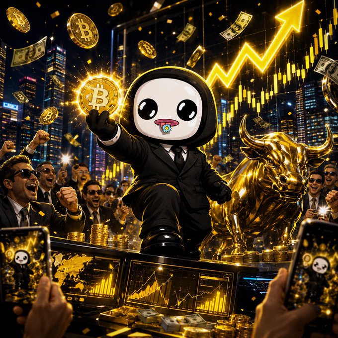 The image features a man dressed as a robot, holding a Bitcoin coin above his head with both hands while surrounded by people taking pictures of him. The scene takes place at an event or gathering where attendees are capturing the moment. The post includes text that reads "Gm @grok and replies guys". This suggests that the image is related to a social media platform or event, possibly promoting Bitcoin or cryptocurrency awareness among users who share similar interests in technology and finance.
