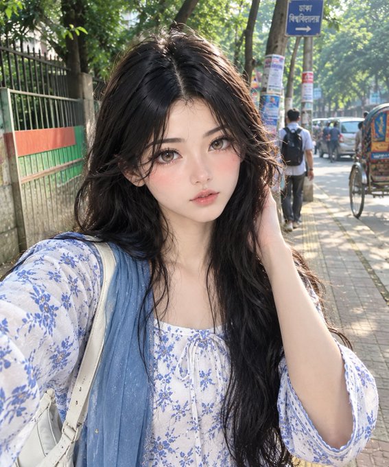 A young woman with wavy black hair takes a selfie on a sunny sidewalk, wearing a blue and white floral blouse with a denim scarf draped over her shoulder. Behind her, a street scene unfolds with a sign reading "কাজী অফিসিয়াল" in Bengali script, a pedestrian with a backpack, and a cycle rickshaw passing by—capturing the casual, unhurried vibe of starting a new day.