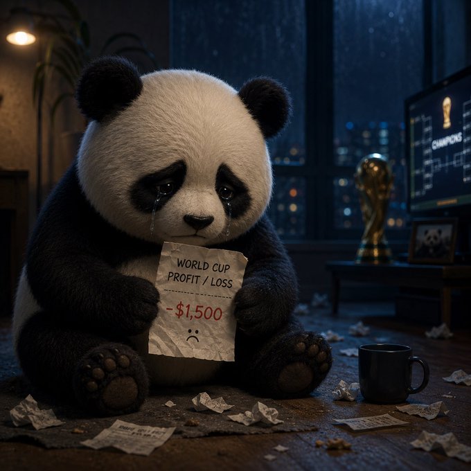 A sad-looking stuffed panda sits on the floor of a dimly lit apartment, clutching a crumpled note that reads **"WORLD CUP PROFIT/LOSS - $1,500"** with a frowny face drawn beneath it, surrounded by discarded betting slips and a coffee mug, while a World Cup trophy glows in the background.

The image humorously illustrates the post's confession of losing $1,500 on World Cup betting, with the crying panda and negative number perfectly capturing the post-loss despair.