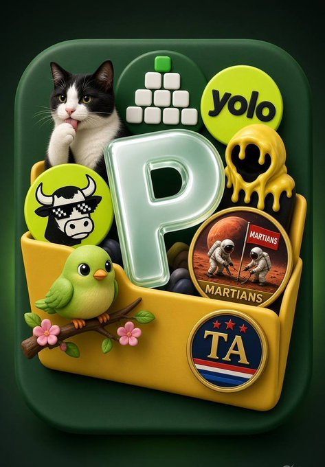 A 3D-rendered app icon titled "$Ponsfolio" features a yellow pocket overflowing with playful elements: a curious black-and-white cat, a green bird perched on a blossom branch, a "YOLO" button, a melting smiley face, and themed collectible tokens including one labeled "MARTIANS" with an astronaut on Mars and a "TA" badge. The image visually embodies the post's concept of a token "portfolio" that collects and distributes top meme coins to its holders.