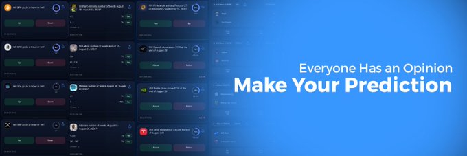 A promotional banner for a prediction platform with the text 'Everyone Has an Opinion Make Your Prediction' over a dark background showing various prediction cards on a blue gradient.