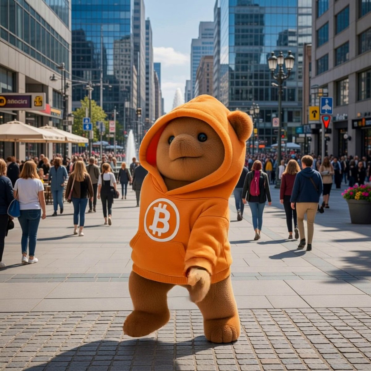 The image features a large teddy bear wearing an orange hoodie with the letters "B" printed on it, walking down a city street surrounded by people. The caption reads "GM GemChain $GRIZZY". This suggests that the teddy bear is promoting a brand or product related to gemstones and jewelry.

The scene includes numerous people walking around in various directions, some of whom are carrying handbags. There are also several potted plants placed along the street, adding greenery to the urban environment. The overall atmosphere appears lively and bustling with activity as people go about their day.