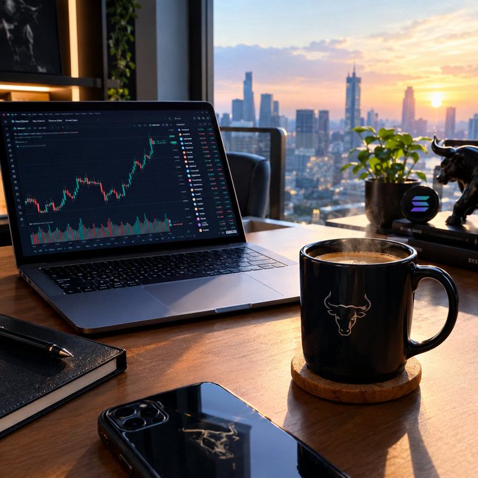 A desk setup featuring a laptop displaying a stock trading chart, a black coffee mug with a bull logo, a phone, and a notebook, with a city skyline visible through the window at sunset.