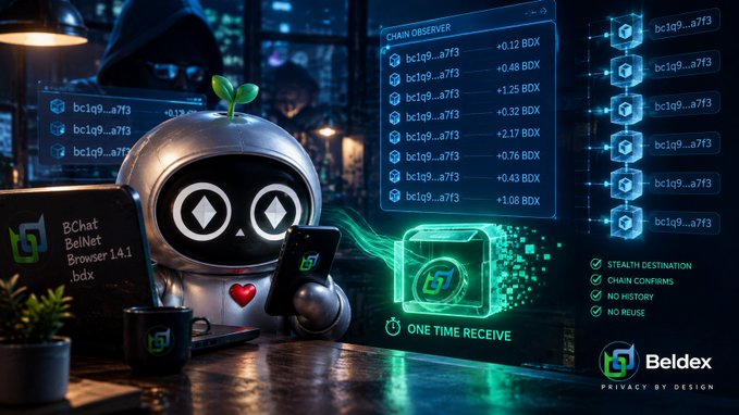 A promotional graphic by Beldex features a small robot beside floating screens displaying 'BChat BelNet Browser 1.4.1 .bdx' and blockchain transaction data including 'bc1q9...a7f3'.