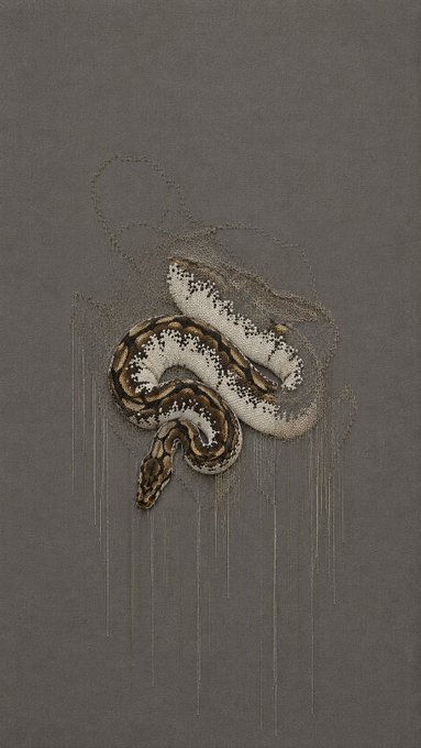 An artistic embroidered/textile artwork on dark gray fabric depicting a coiled python snake with intricate beadwork detailing its scales.