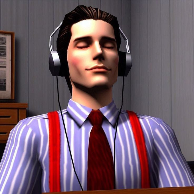 A 3D-rendered man with slicked-back hair wears large over-ear headphones with his eyes closed, dressed in a striped blue shirt, red tie, and red suspenders, appearing to listen intently. The serene, focused expression paired with the headphones suggests deep concentration—mirroring the post's message of staying alert for emerging money-making opportunities in the crypto market despite the "deadness" currently being observed.