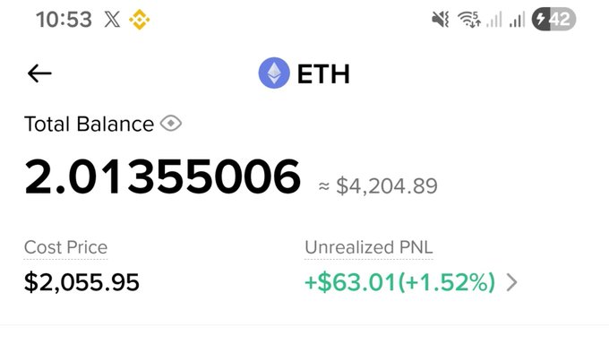 A mobile screenshot showing an Ethereum (ETH) portfolio balance of 2.01355006 ETH, valued at approximately $4,204.89, with a cost price of $2,055.95 and an unrealized profit of +$63.01 (+1.52%). The image visually supports the post's message of patience paying off, as it shows the portfolio has recovered above $4,200 after previously dropping to around $3,000.