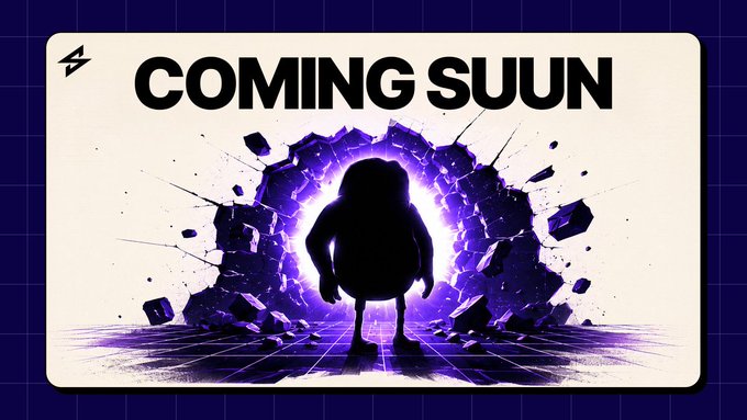 The image features a bold "COMING SUUN" banner with a silhouette of a character emerging through a shattered purple portal, visually echoing the post's teaser about a long-awaited arrival to SuperStake and hinting at the dramatic, soon-to-launch nature of the announcement.