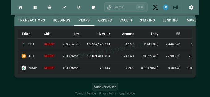 A screenshot of a Hyperliquid perps trading dashboard showing three open SHORT positions: ETH and BTC both at 20× cross leverage with values around $20.2M and $19.4M respectively, plus a smaller PUMP short at 10× cross. The visible amounts (8.15K ETH and 247.63 BTC) confirm the post's claim of a newly funded 5M USDC wallet taking on ~$40M in short exposure at 20× leverage.
