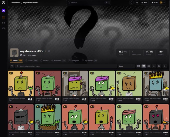 A screenshot of an NFT marketplace displaying the 'mysterious d00dz' collection, featuring grid-based robot character artwork with stats like 55.0 APE floor price, 5.71% listed, and various 'grimys electric dude' items priced in APE.
