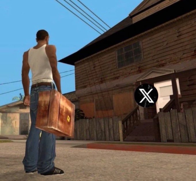 A screenshot from the video game GTA San Andreas showing the character CJ holding a brown suitcase, with an X (formerly Twitter) logo overlaid on the image.