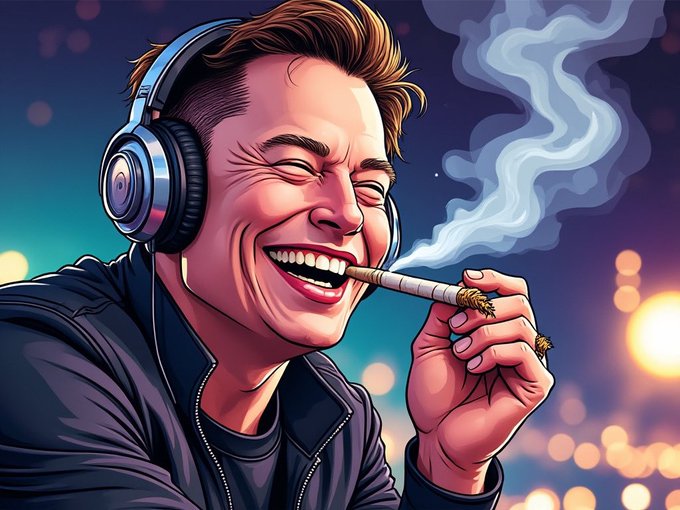 A stylized digital illustration of a smiling man with brown hair wearing headphones and a black leather jacket, holding a smoking cigarette, set against a colorful, blurred bokeh background.