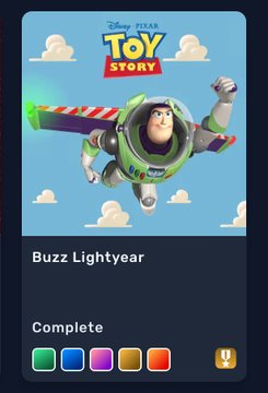 A character selection screen showing Buzz Lightyear from Disney Pixar's Toy Story, marked as 'Complete' with color options.